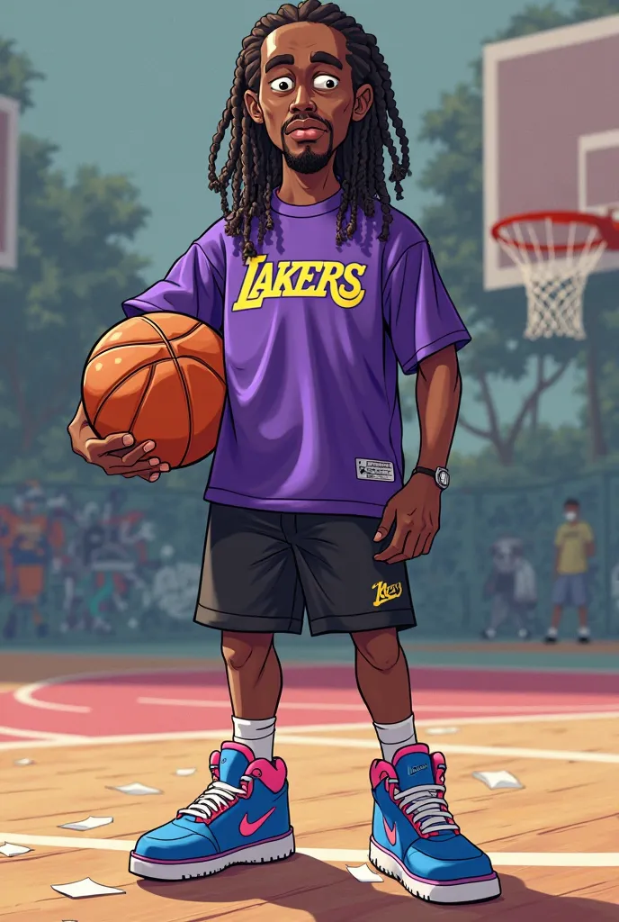  Basketball player, around , rapper-style braided hair, LAKERS purple regatta t-shirt, Nike blue and pink sneakers, black shorts, holding a basketball,  mean face, streetwear basketball court with graffiti, Paper on the floor.  everything in a cartoon , Wi...