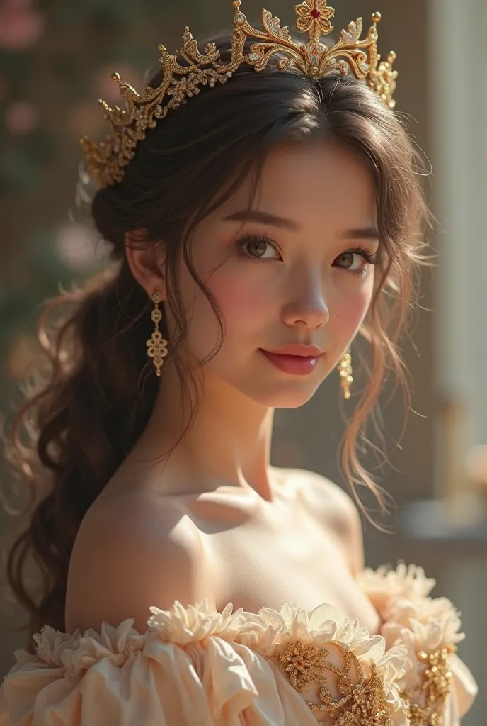 Beautiful girl with short brown hair ,  wearing a princess dress 