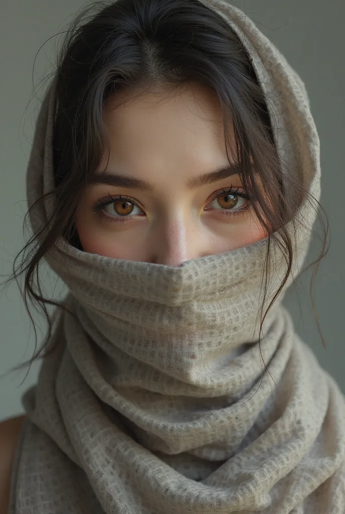 Create a real girl with a scarf on her face and only her eyes are brown