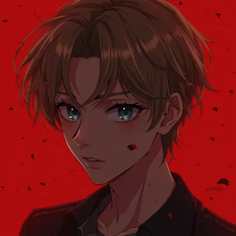 A 20 years old man who has a light brown hair and darker blue eyes, make it anime but also super realistic with a darker red background 