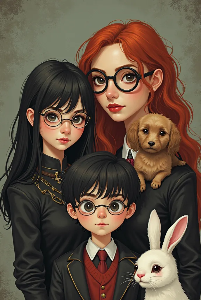 Make me an image with several characters: a 15-year-old girl with black hair and long golden lines, a  boy with short black hair, The mom with long curly red hair, The three of them have glasses and next to them a white rabbit and a small light brown dog, ...