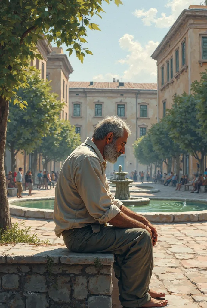 Man sitting in a square thinking about life