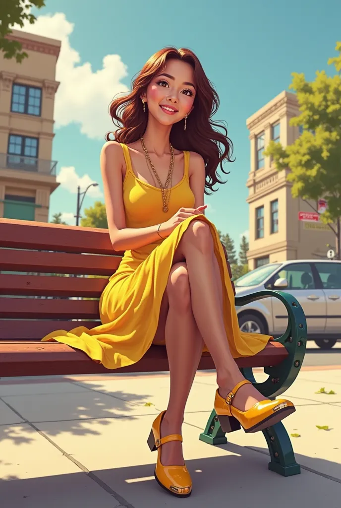 Tip: A very lovely  beautiful Asian American woman being happy alone on a bench in Downtown San Diego in the sun… The illustration is a high definition illustration with 4k resolution., with highly detailed facial features and cartoon style visuals, yellow...