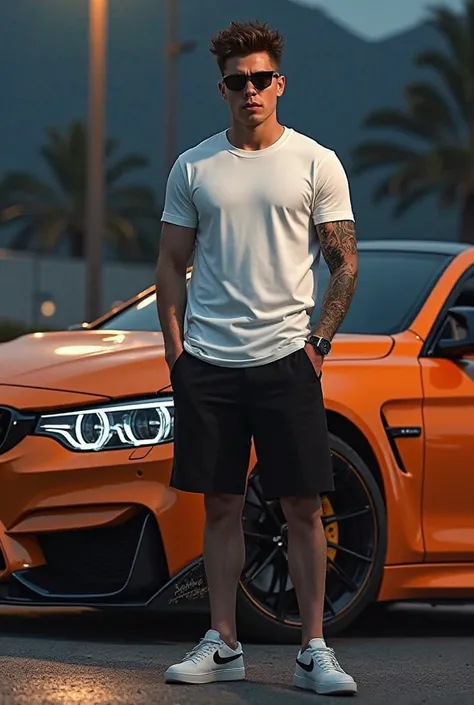 Man with a white T-shirt, Curly quiff hair, Black sunglasses, black Shorts, tattoos on the right arm, Standing near a Orange BMW M4 in the parking lot at evening, And black sneakers from Nike 