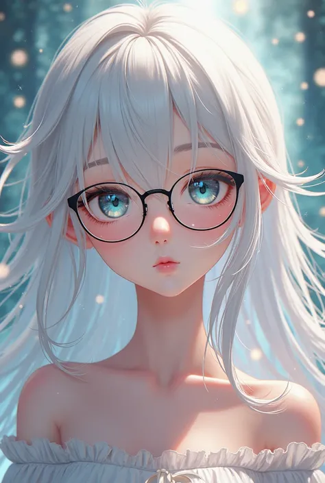 Draw a young anime figure with long flowing white hair+ wearing glasses 