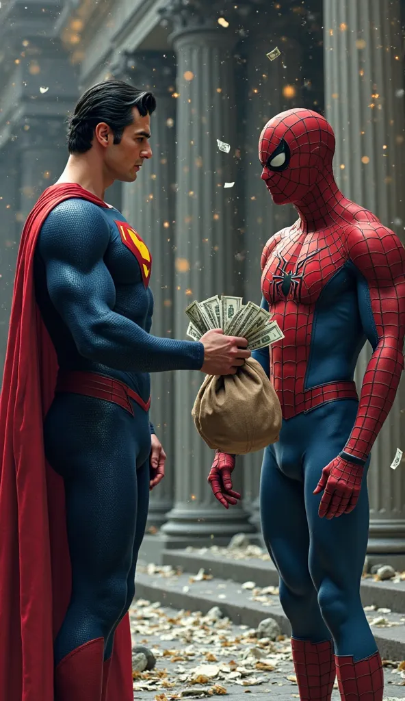 Superman extending a bag full of money to Spider-Man, with an expression of understanding and kindness. Spider-Man, with his shoulders down and an embarrassed posture, holds the bag with both hands. In the background, The bank is deserted, with webs and li...