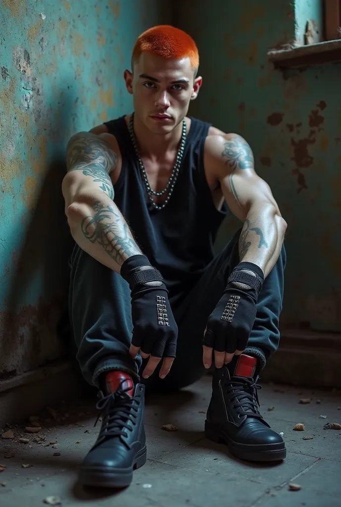 a highly realistic and textured image, I want it to look like real life,  a Russian man, shaved red hair,beautiful, Young, 20 years, serious face,  strong and muscular , Black jersey tank top, fingerless gloves black, street pants with black chains, black ...