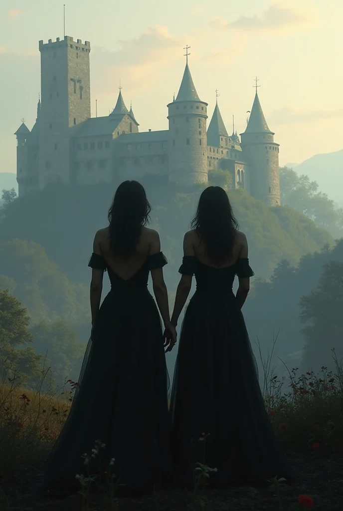 Two silhouettes of women with their backs looking at an old castle. Realistic photo 