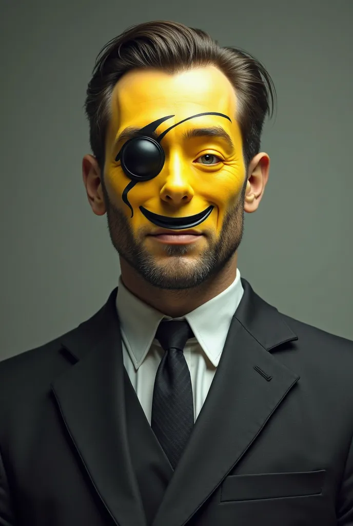 a man in a suit with the face of Watchman's smiling emojo with a scar 