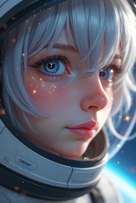 Close-up of the best masterpiece:1.5)0.9], (Space and astronauts:1.2) (Loose silver hair:1.1) (heterochromia: xanthochromia and blue eyes:1.2) (Space helmet:1.0) ( Colored stars in the eyes:1.0) (Shining light:1.1) (full lips:0.9)