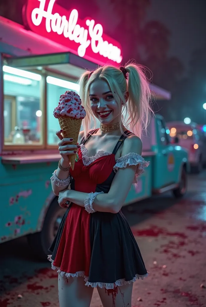 ((Ultra-realistic, cinematic full-body shot of Harley Quinn standing in front of an old-fashioned ice cream truck, bathed in the eerie glow of neon pink and blue lights. She wears a playful yet unsettling twist on a classic 1950s ice cream vendor outfit—a ...