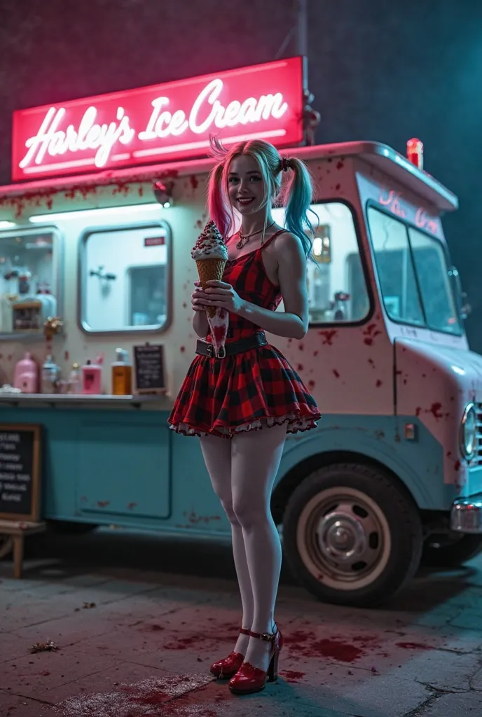 ((Ultra-realistic, cinematic full-body shot of Harley Quinn standing in front of an old-fashioned ice cream truck, bathed in the eerie glow of neon pink and blue lights. She wears a playful yet unsettling twist on a classic 1950s ice cream vendor outfit—a ...