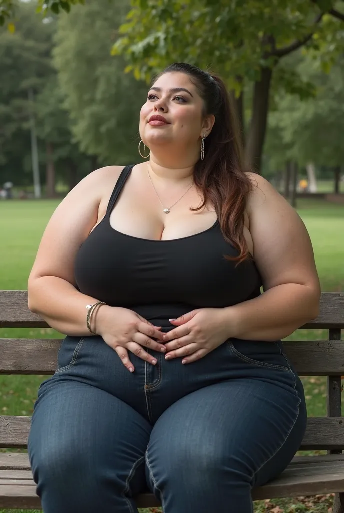 In a park, high angle view, a massive ass pawg voluptous plus sized 25-year old white student with huge fat bloated protruding belly sitting on a bench, looking up at viewer, (eyes openned), brunette slickback ponytail, slight face wrinkles, hoop earings, ...