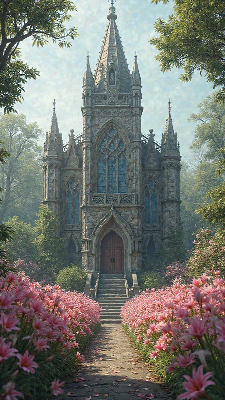 a church, Very old, From the Victorian era, abandoned, in a beautiful pink lily garden.