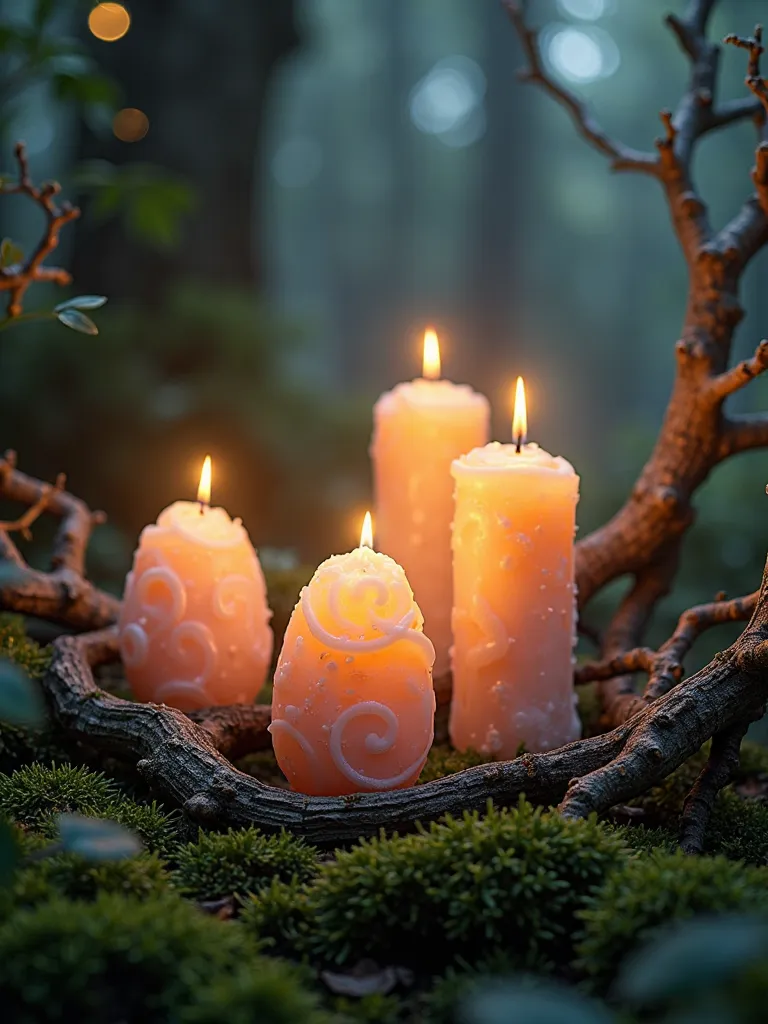 Do the photo of easter wax candles in a shape of eggs, light color, standing on a moss and branches deep in the evening forest. All candles are burning and highlighting forest space. Realistic style.