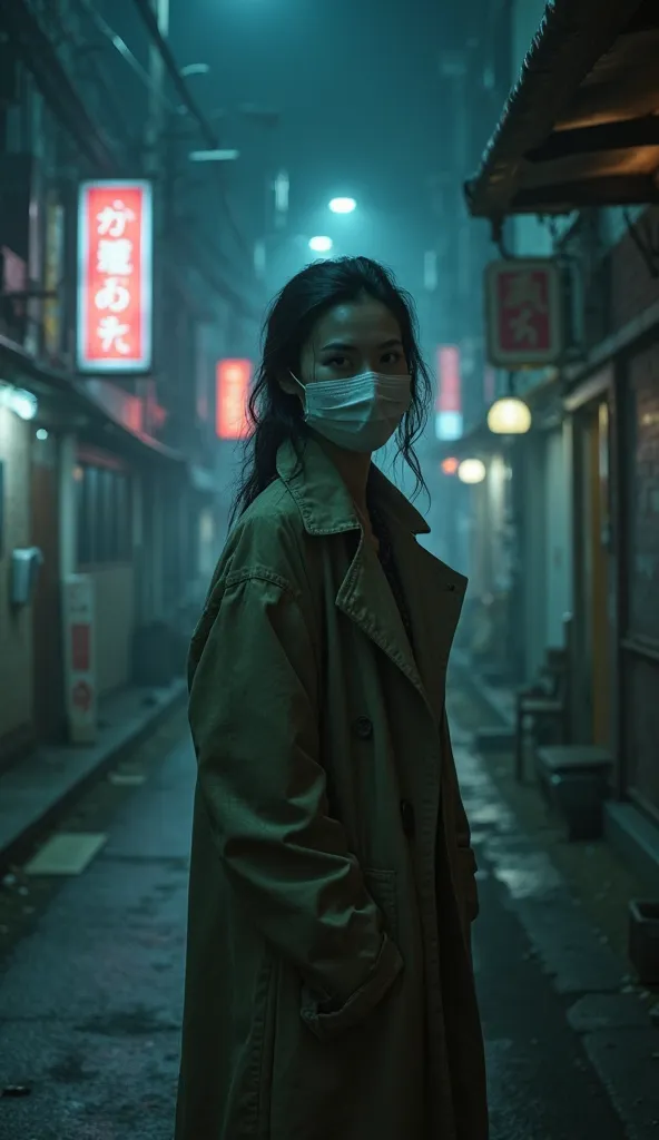 It's a lonely and dark street at night in Japan. In the distance stands a tall, slim woman with pale skin. He's wearing an old, dirty trench coat. His face is covered by a white surgical mask. The atmosphere is dark, foggy and spooky. Neon lights flicker g...