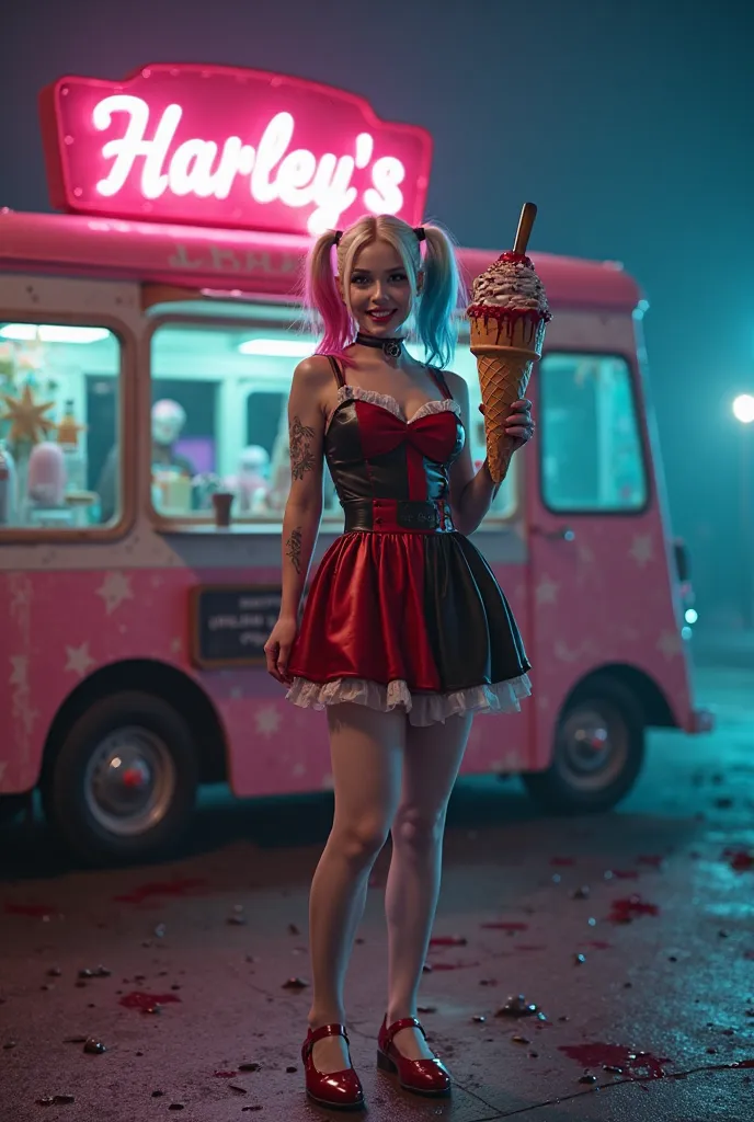 ((Ultra-realistic, cinematic full-body shot of Harley Quinn standing in front of an old-fashioned ice cream truck, bathed in the eerie glow of neon pink and blue lights. She wears a playful yet unsettling twist on a classic 1950s ice cream vendor outfit—a ...