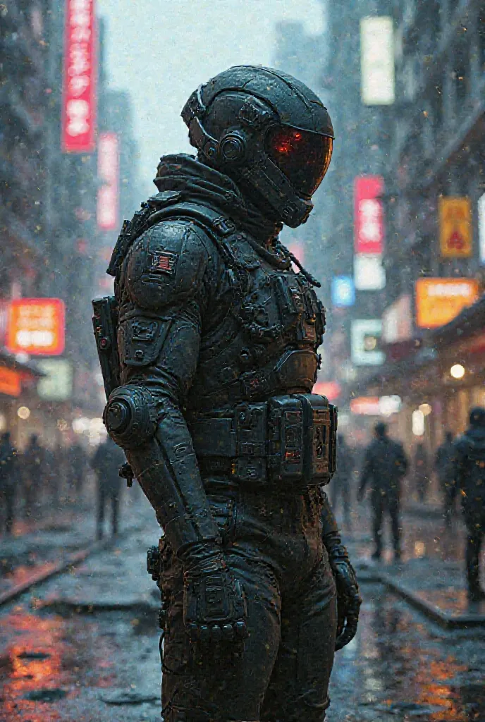 Subject with tactical equipment in a cyberpunk-like futuristic city 