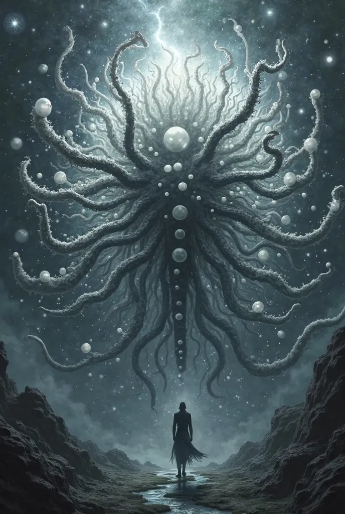 Eldritch creature floating in a time background space, white and black colored, look of an all-powerful, omniscient, and locked outside of a conceptual universe. A sophisticated image of a mass of numerous glowing orbs like eyes everywhere, with the intent...