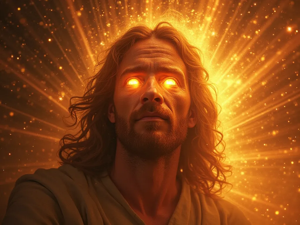 Jesus’ Majestic Presence
"A dramatic close-up of Jesus' fiery eyes, full of wisdom and power. His face glows with divine majesty, radiating light like the sun. The atmosphere is filled with celestial energy, showcasing his supreme authority over heaven and...