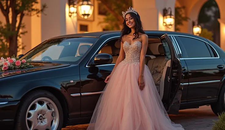 "Create a realistic, heartwarming image that captures the magic of a quinceañera’s grand entrance. The scene should depict a sleek, luxurious limousine parked outside an elegantly decorated venue during dusk. In the foreground, a young woman in a beautiful...