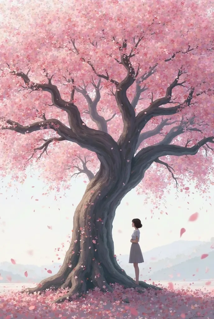 A huge sakura protects the  by covering her with its branches and flowers