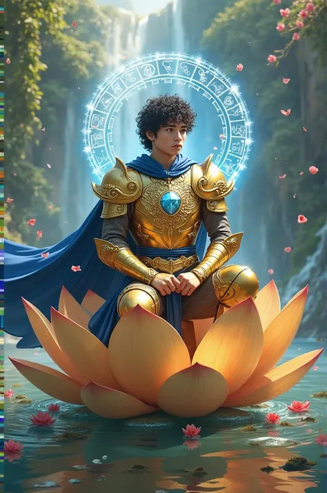 front view,Young and Handsome Sundanese Knight,dark hair long curls carried by the wind, athletic skinny body ,Wearing Colossal Combat Armor Epic gold color,Styled Golden Saint Virgo athena, with Blue Diamond Ornament,with blue robe carried by the wind,sha...