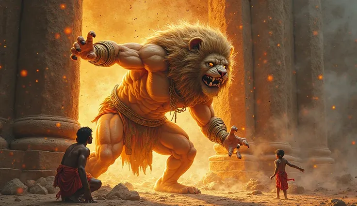 Lord Narasimha, a fierce lion-headed deity with a muscular human body, emerging from a grand stone pillar. His eyes blaze with divine wrath as he grabs the demon king, Hiranyakashipu, tearing him apart with his sharp claws. Prahlad kneels in prayer nearby....