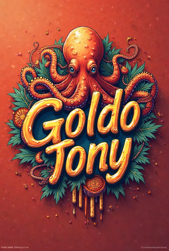 Logo for a sale of packaged seafood, with an attractive name that is Goldo Tony, sticky and colors that insist on consumerism, That has an octopus and other seafood.