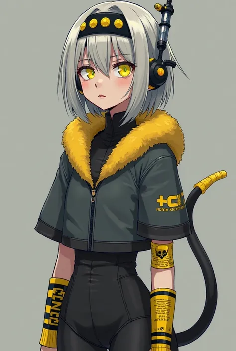 face: V has neon yellow eyes and a silvery bob haircut. 2
Head: head has a black headband with five yellow sensors. 1
Tail:  long black tail , ending with a syringe with a, bulb containing nanic acid. 1
Clothing: short-sleeved dark grey cropped coat, with ...