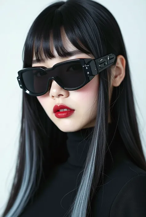 Create an image of a Korean woman with dark makeup with long black hair with white highlights and very beautiful black straight fringe in cybernetic and futuristic style and a white background with cybernetic glasses 