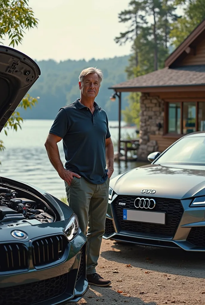 Draw me a guy standing next to his BMW engine next to his Audi TT house by the lake