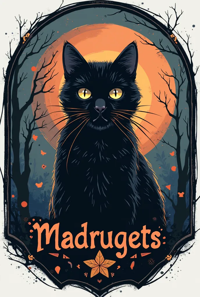 Create an image for a badge, it must contain the following elements: a black cat in the background, Without much realism but with a mystical vibe, The name of the group that is “Madruguets” is clearly visible 