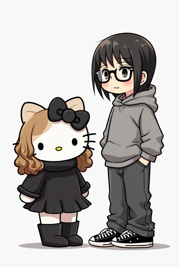 Two hello kitty sanrio characters. First one is hello kitty girl with brown wavy hair, black bow, black big jumpers with blacks skirt underneath and black boots. The second one is hello kitty boy kitty with middle lenght straight dark hair,glasses, oversiz...