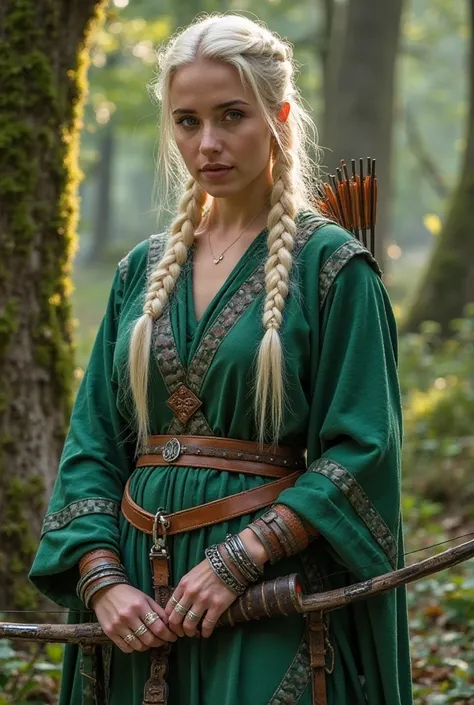 An athletic woman in her 30s stands in a forested area, embodying a Lord of the Rings-inspired elf warrior cosplay. Her long, platinum blonde hair is intricately braided, with a few loose strands framing her face naturally. She wears an emerald green tunic...