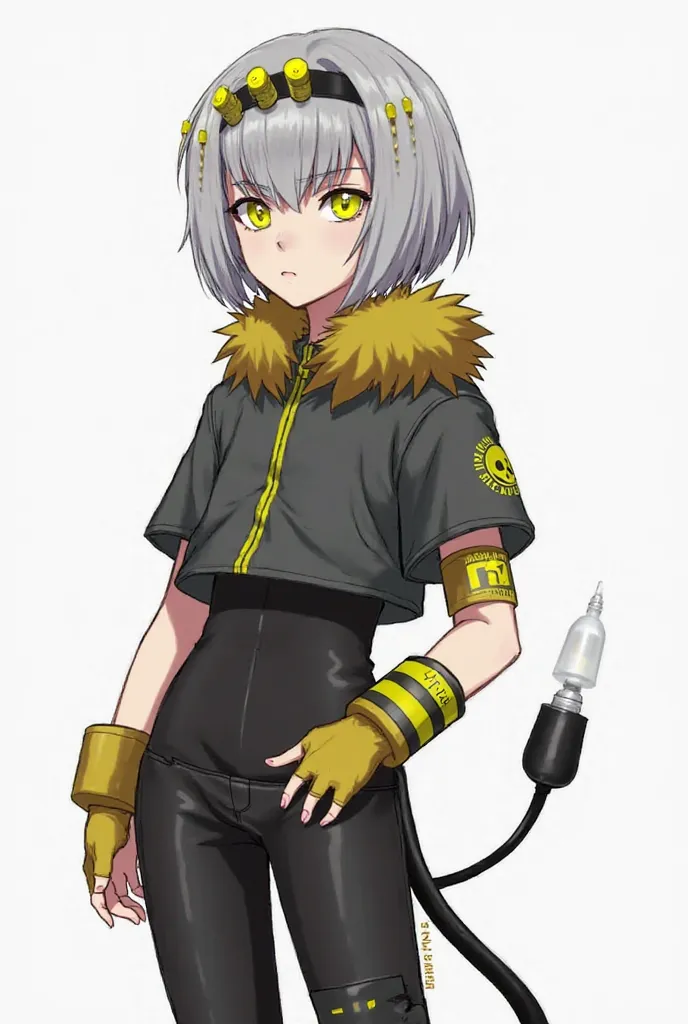 face: Vi has neon yellow eyes and a silver bob haircut. 2
Head: head has a black headband with five yellow sensors. 1
Tail:  long black tail , ending with a syringe with a, bulb containing nanic acid. 1
Clothing: short-sleeved dark grey cropped coat, with ...