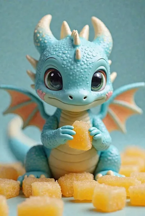 Baby dragon color light blue in the forehead and wings extended and with hands in sweet gummies, about a third of the size of the dragon and that the gummies are smooth yellow and that the entire image is clear and does not have any blurry areas