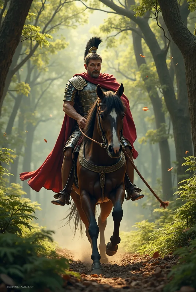 Roman soldier riding a horse without a cape in the forest