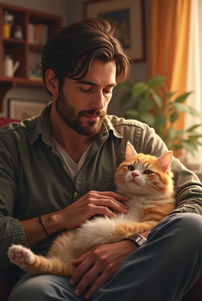 The man is touching cat 