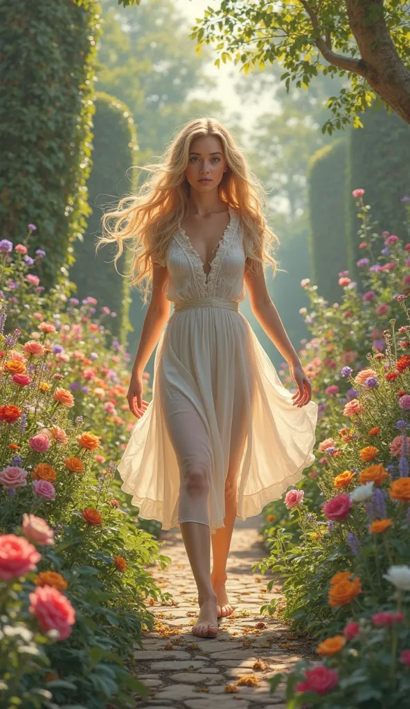 , blond hair, ruffled white dress, walking through a huge, flowery garden 