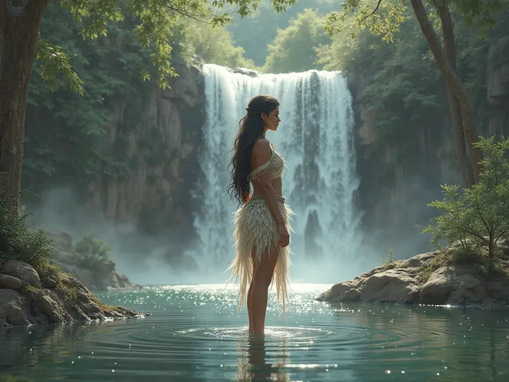 Make an 18-year-old Indian woman with long hair and feather skirt and shirt with feather details with her feet on the edge of a small lake with a waterfall in the background