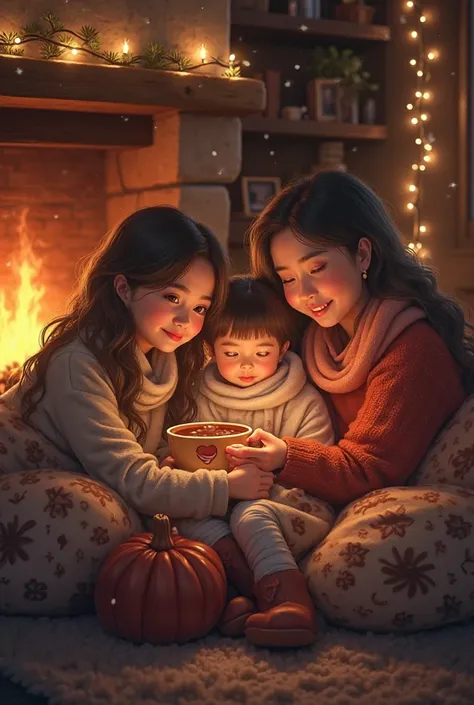 A cozy family gathering around a fireplace during winter, with warm blankets and hot cocoa.