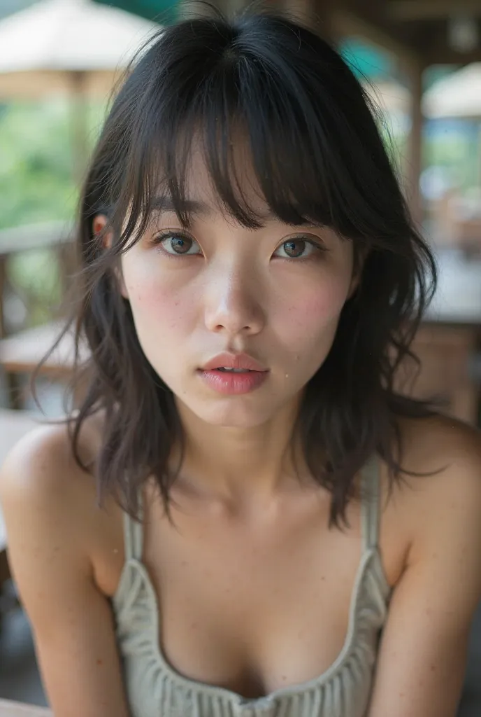 The high resolution photograph of a Japanese beautiful young woman, photo-realistic, realistic, masterpiece, amazing quality, intricate details, professional lighting, Alone,   1girl  , standing leaning forward, tank-top, downblouse, face focus,  Pale skin...