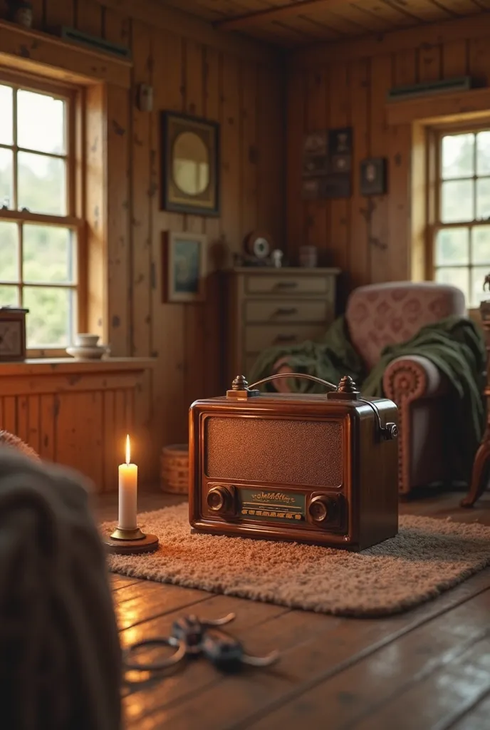 Old room with an old radio with a close radio on the radio is a candle on the side illuminating the environment can make good the 80s era even a simple farm room