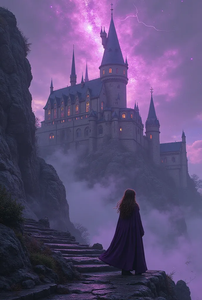 Under the thick, The majestic castle, the Academy of Magic, rises the cloud-covered sky, whose high spires rush up, as if trying to touch eternity itself. Its stone walls, patterned by ancient runes, is cast purple in the light of the flickering magic stre...