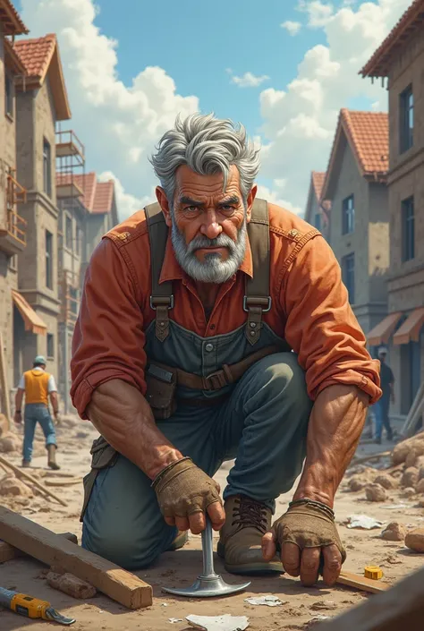 A 50-year-old man with gray hair, in builder's clothing working on a construction site with houses
