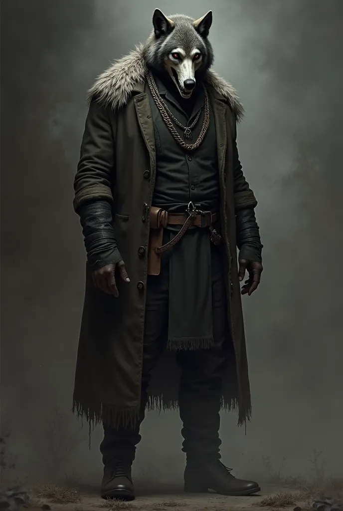  Gloomy realistic art : Make a tall man with a strong body, wearing black clothes in the style of the game Hunt Showdown. He wears a frayed overcoat over his clothes, has a necklace of animal teeth around his neck, uses a frayed cloth over his shoulders, w...