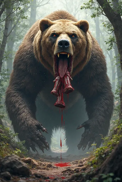 A huge bear with three ribs in its mouth between its teeth 