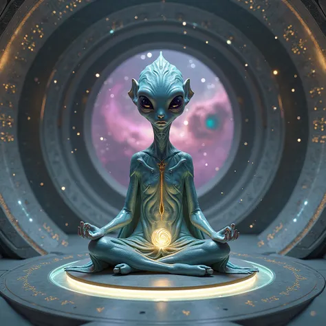 Create a serene digital artwork of an extraterrestrial meditating inside a sleek spaceship. The alien, tall and slender, sits cross-legged on a glowing, circular platform of polished silver, its skin a shimmering teal with faint, golden veins pulsing softl...