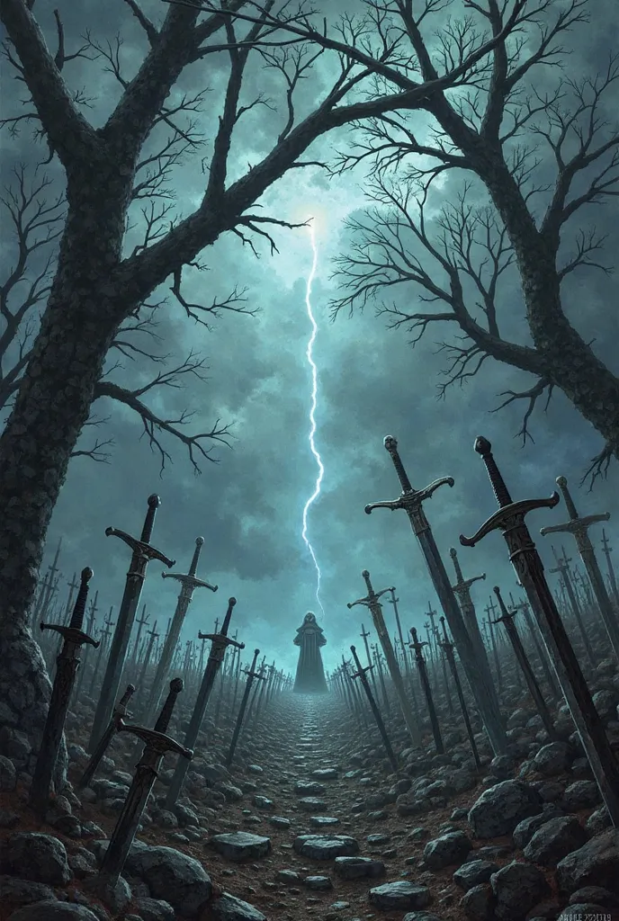 Album cover art for metal band "Glade of Broken Swords", dark fantasy, epic, atmospheric, field of broken swords, skeletal trees, stormy sky, lightning, ghostly figures, distant ruins, dark and muted colors, dramatic lighting. Emphasis on ruin and desolati...